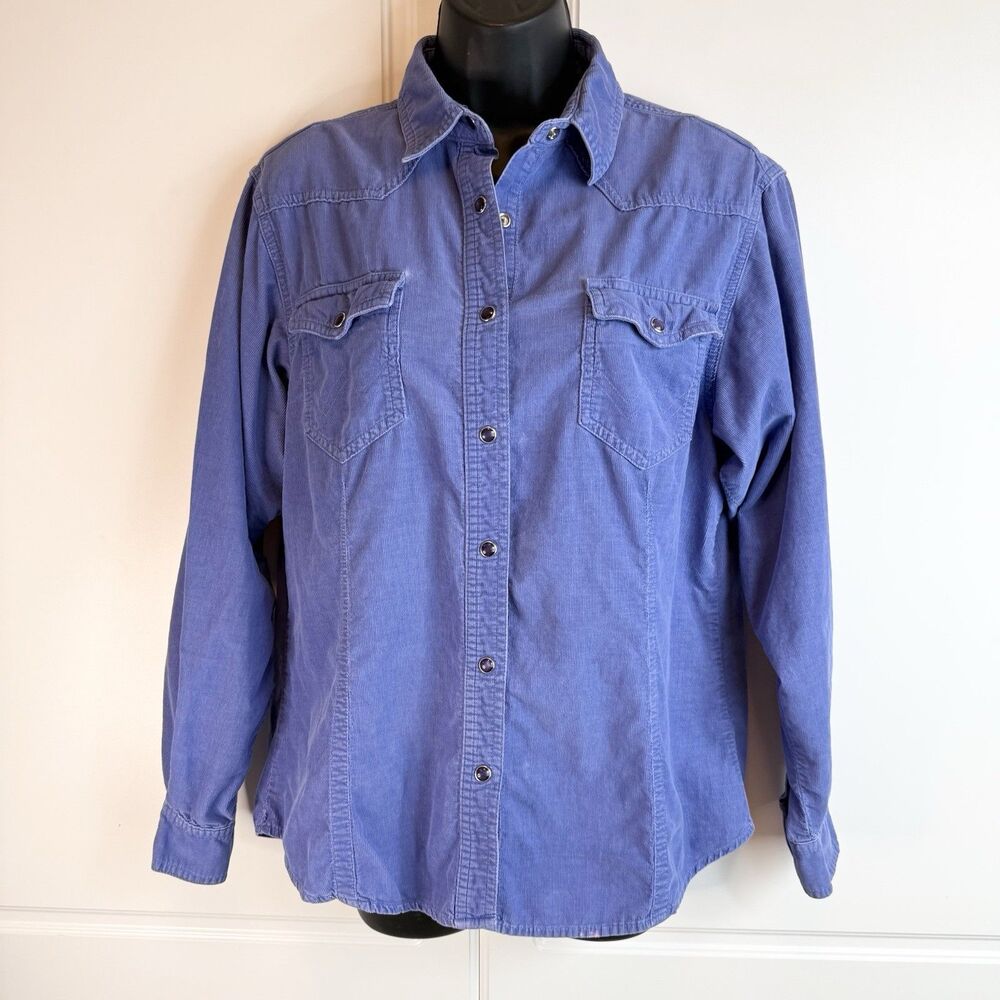 Vintage Wrangler Shirt Womens Large Blue Corduroy Pearl Snap Collared Embroidery